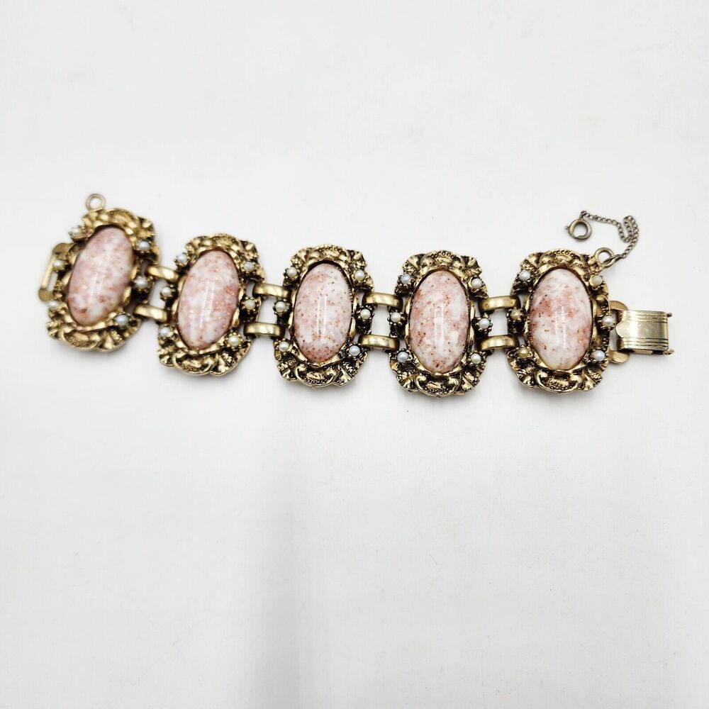 Vintage Antiqued Gold Tone Pink Stones Unsigned Selro Selini Wide Cuff Bracelet
